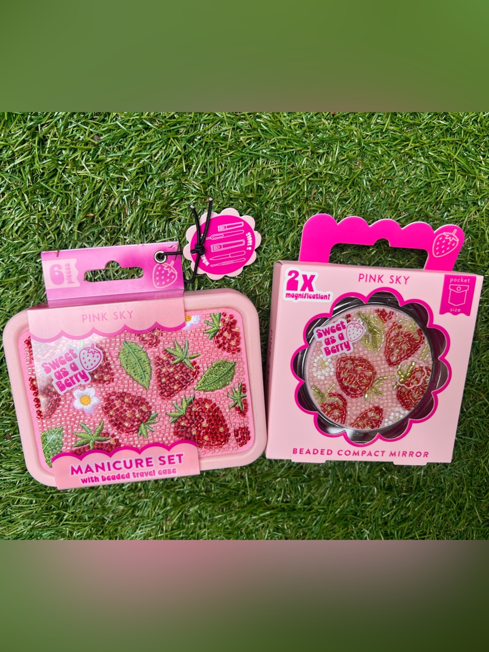 Pink Sky Beaded & Embroidered Strawberry 6pc Manicure Set & Compact Mirror